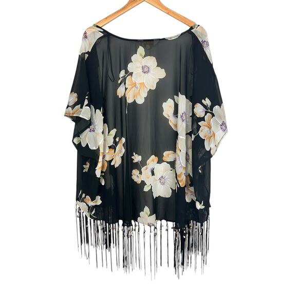 Pia Rossini Black Floral Kimono Tassel Seashells One Size Resortwear Boho Shawl - Picture 9 of 12